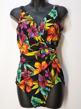 TRIMSHAPER Womens Size 12 BLACK TROPICAL One Piece Swimsuit Wrap Front